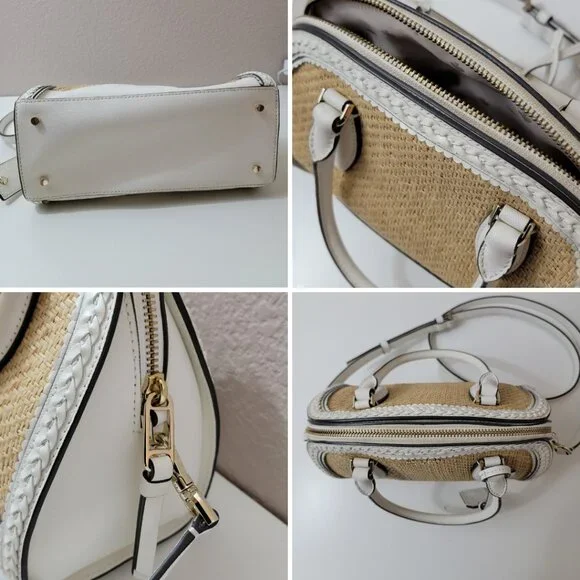Kate Spade ♠️ White Leather & Woven Straw Dome Satchel Crossbody Gold Hardware - Picture 14 of 14